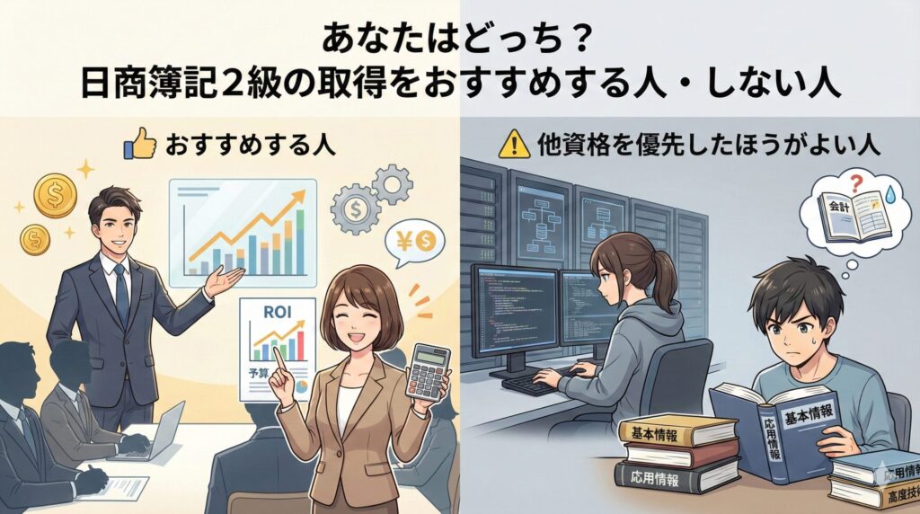H2画像: あなたはどっち?日商簿記2級の取得をおすすめする人(左:ITコンサル、管理職)と、他資格を優先したほうがよい人(右:高度技術者、初級エンジニア)の比較アニメイラスト