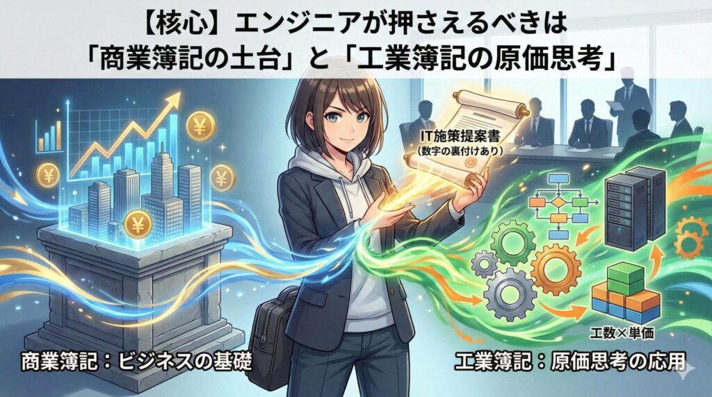 女性エンジニアが、左側の「商業簿記(ビジネスの基礎)」と右側の「工業簿記(原価思考)」のスキルを融合させ、経営層に向けて「数字の裏付けがあるIT施策提案書」を提示しているアニメ調イラスト。