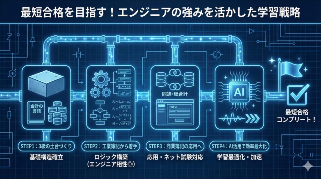 エンジニアの強みを活かした日商簿記2級「最短合格」学習戦略の構造図。基礎からAI活用までの4ステップをシステム設計図のフローで表現したアイキャッチ画像。