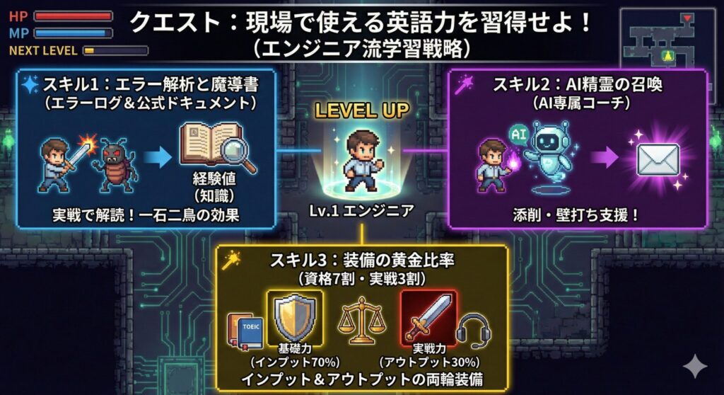 レトロRPG風のエンジニア向け学習戦略インフォグラフィック。エラーログ解析、AIコーチ活用、資格と実戦の黄金比率という3つのスキルを習得し、エンジニアがレベルアップする様子を描いている。