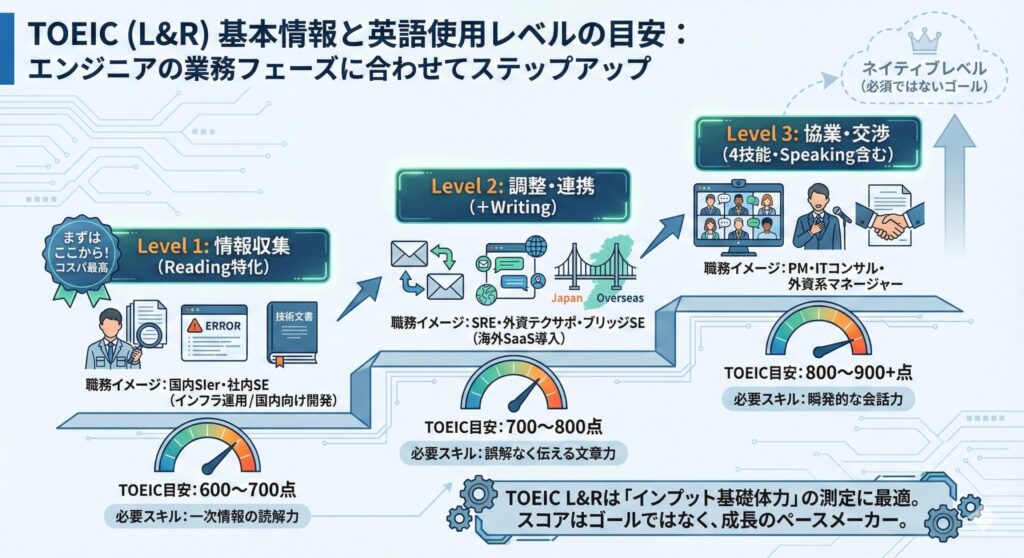 ITエンジニアに必要な英語力とTOEIC L&Rスコアの目安を、業務フェーズ別に示したステップアップ図。Level 1(情報収集:600〜700点)から、Level 2(調整・連携:700〜800点)、Level 3(協業・交渉:800〜900+点)までの具体的な職務イメージと必要スキルを可視化している。