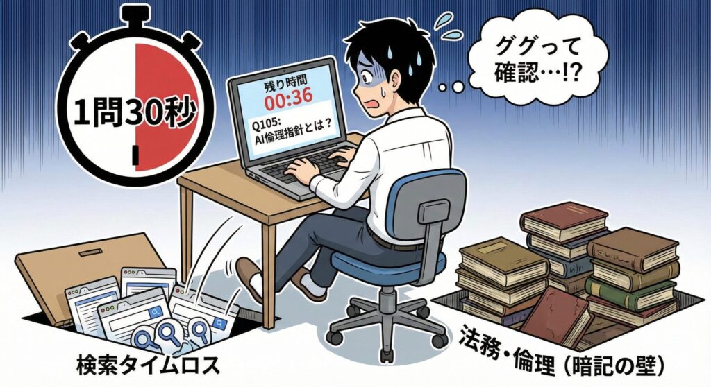 G検定の難易度の実態を示すイラスト。「1問30秒」という厳しい時間制限の中で、焦る受験者が「検索タイムロス」と「法務・倫理(暗記の壁)」という2つの罠にハマりそうになっている様子をコミカルに表現。