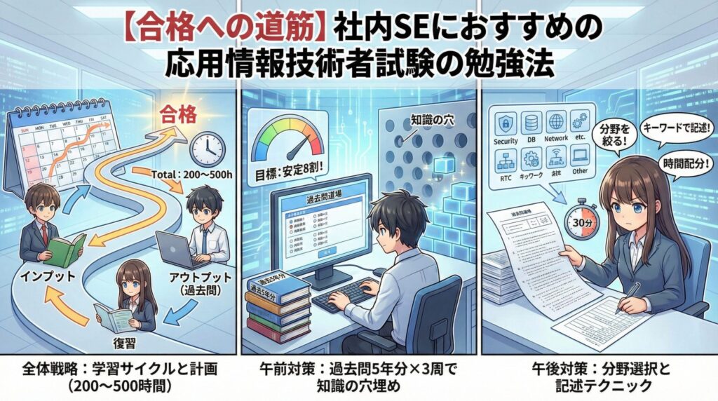社内SE向けの応用情報技術者試験勉強法を解説したアニメ調イラスト。「全体戦略:学習サイクルと計画(200~500時間)」「午前対策:過去問5年分×3周で知識の穴埋め」「午後対策:分野選択と記述テクニック」の3つのパネルで、合格への具体的な道筋を図解している。