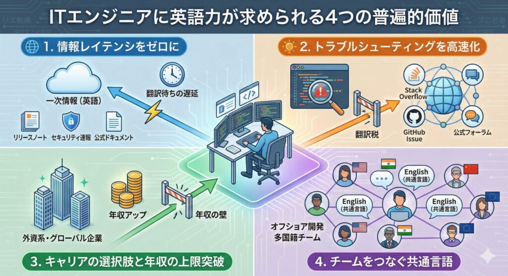 インフォグラフィック「ITエンジニアに英語力が求められる4つの普遍的価値」。情報収集のスピード化、トラブル対応の効率化、キャリアと年収の向上、グローバルチームでの共通言語という4つのメリットをイラストで解説。