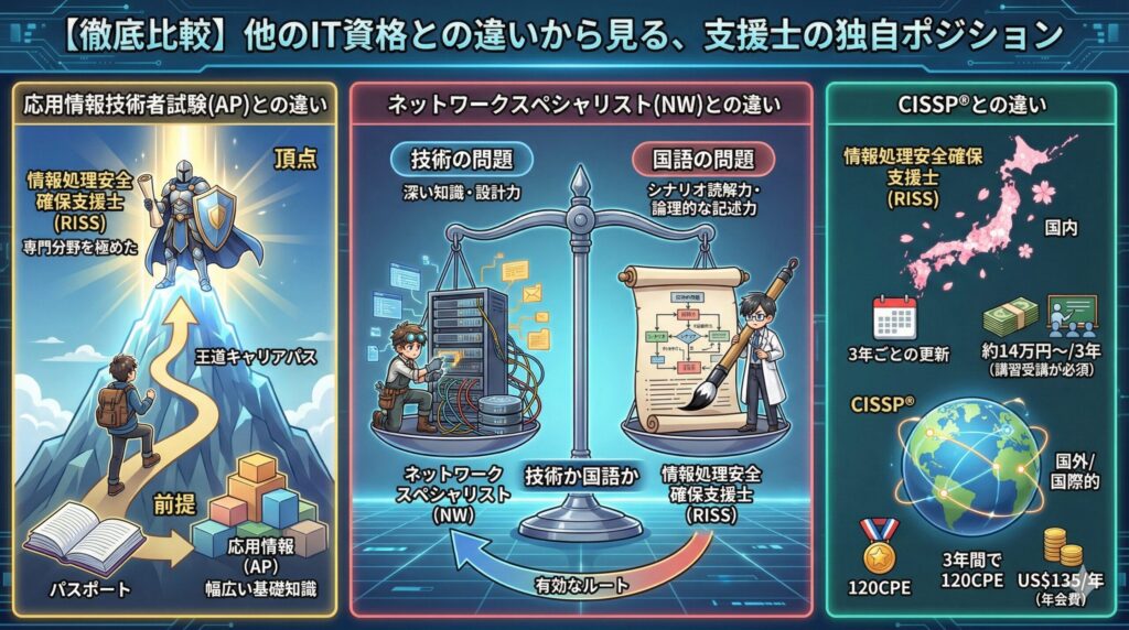主要なIT資格と情報処理安全確保支援士(RISS)の違いを比較した図解。応用情報技術者試験を前提とした「頂点」としての位置づけ、技術力重視のネットワークスペシャリストに対し「国語力」が問われる性質、国際資格CISSPと比較した際の「国内」中心の活動領域と維持費用構造を視覚的に解説