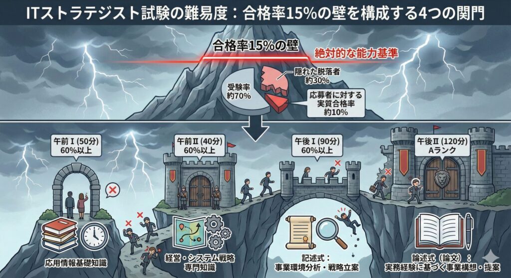 ITストラテジスト試験の難易度を示す図。合格率15%(実質合格率約10%)という高い壁と、それを構成する4つの関門(午前I、午前II、午後I記述式、午後II論文式)をイラストで解説。各段階で受験者が脱落していく厳しい試験構造を視覚化。