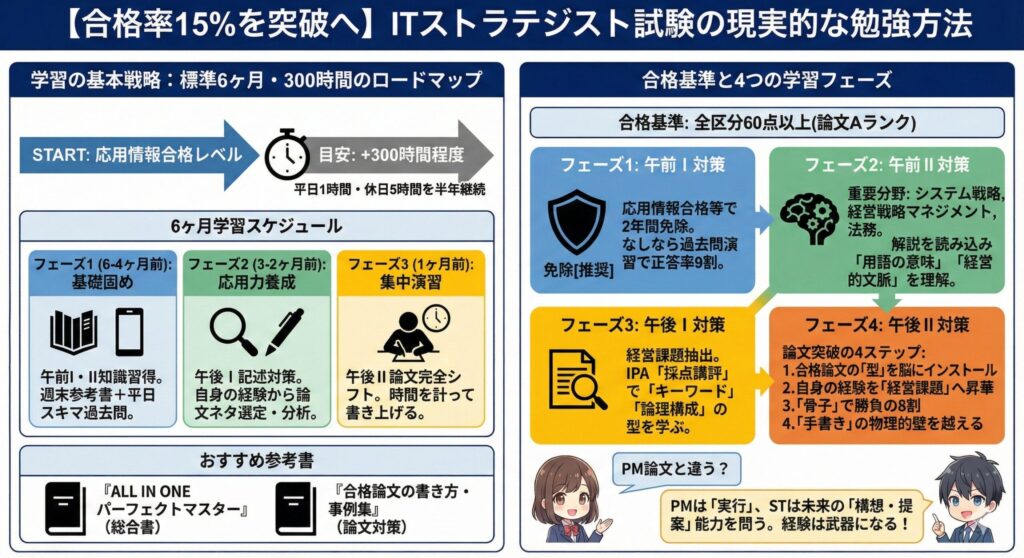 合格率15%を突破するためのITストラテジスト試験の現実的な勉強方法。応用情報合格レベルから標準6ヶ月・300時間の学習ロードマップとスケジュールを図解。合格基準(全区分60点以上・論文Aランク)と、午前I免除から午後II論文対策(4ステップ)までの4つの学習フェーズごとの対策ポイントを詳細に解説