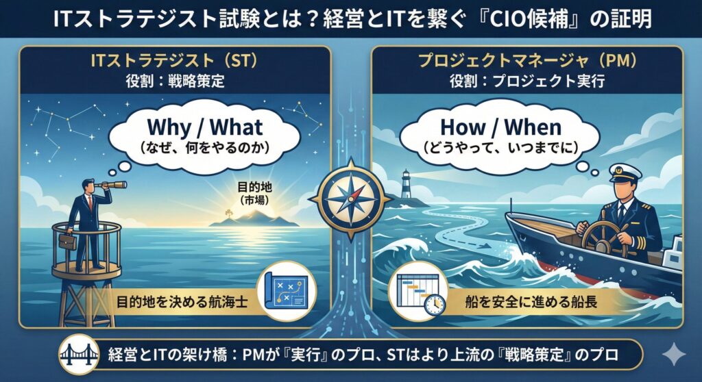 ITストラテジスト試験(ST)とプロジェクトマネージャ試験(PM)の違いと役割の比較図。STは「戦略策定」を担い、目的地(市場)を決める「Why/What」の航海士。PMは「プロジェクト実行」を担い、船を安全に進める「How/When」の船長。両者が経営とITを繋ぐ架け橋であることをイラストで解説。