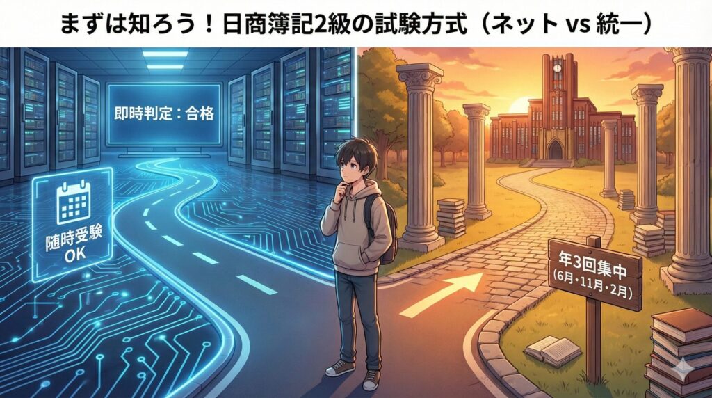 H2画像:日商簿記2級の「ネット試験(左:デジタル、随時受験OK、即時判定)」と「統一試験(右:アナログ、年3回集中)」の二つの道を前に、どちらに進むか思案しているエンジニアのアニメ調イラスト