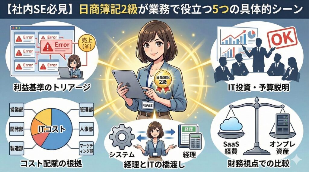 日商簿記2級を持つ社内SE(女性)を中心に、業務で役立つ5つのシーン(利益基準のトリアージ、IT投資説明、SaaS/オンプレ比較、経理との橋渡し、コスト配賦の根拠)を描いたアニメ調の図解イラスト。