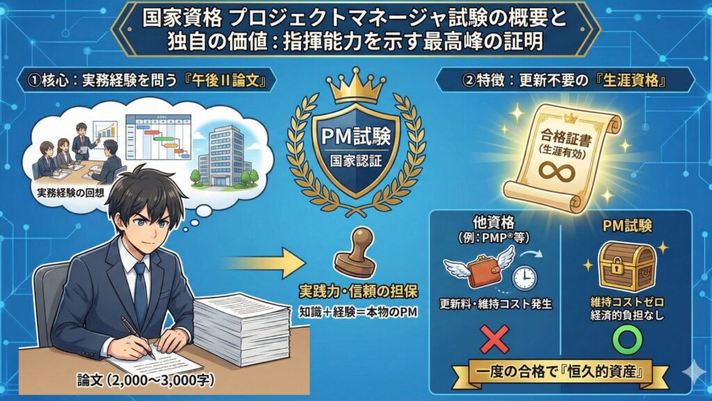 国家資格プロジェクトマネージャ試験の概要と独自の価値を図解。実務経験に基づく「午後II論文試験」が信頼の証である点と、他のベンダー資格と異なり更新不要で維持コストがかからない「生涯資格」であるという2つの大きな特徴をアニメ風に解説。