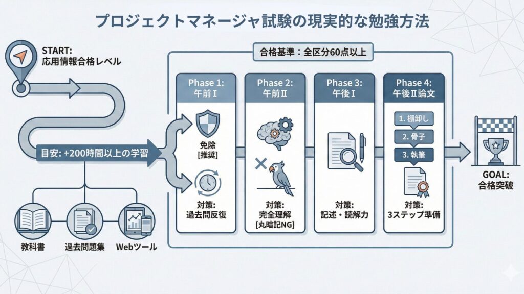 プロジェクトマネージャ試験の現実的な勉強方法を示すインフォグラフィック。応用情報合格レベルからスタートし、200時間以上の学習時間を目安に、午前I(免除推奨)、午前II(過去問完全理解)、午後I(記述・読解力)、午後II論文(3ステップ準備)の4フェーズを経て合格を目指す戦略を図解