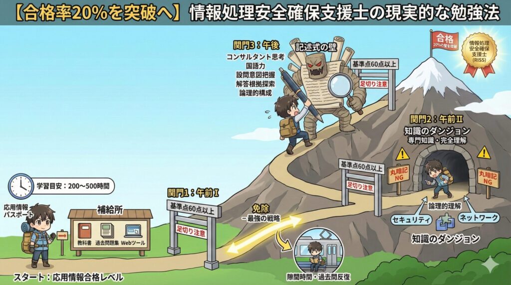 情報処理安全確保支援士の合格率20%突破に向けた学習ロードマップの図解。応用情報合格レベルを前提とし、必要な学習時間と教材、そして「午前I(免除推奨)」「午前II(論理的理解)」「午後(記述・国語力)」という3段階の関門攻略法を順序立てて解説している。