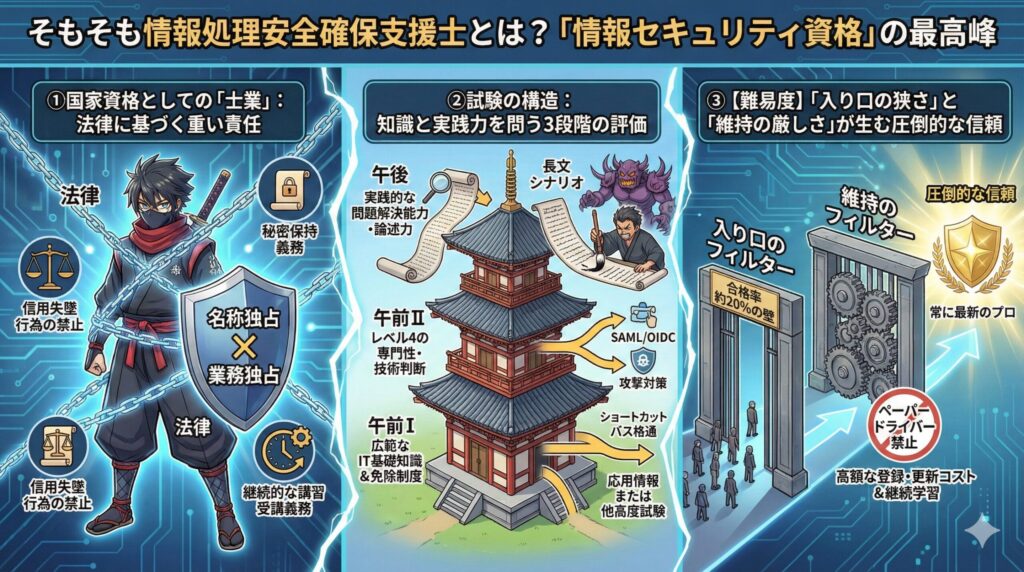 情報セキュリティ資格の最高峰である国家資格「情報処理安全確保支援士」の価値を示す画像。法律に基づく重い責任(士業)と、厳しい試験・維持のフィルターによって裏打ちされた圧倒的な信頼性を表現している