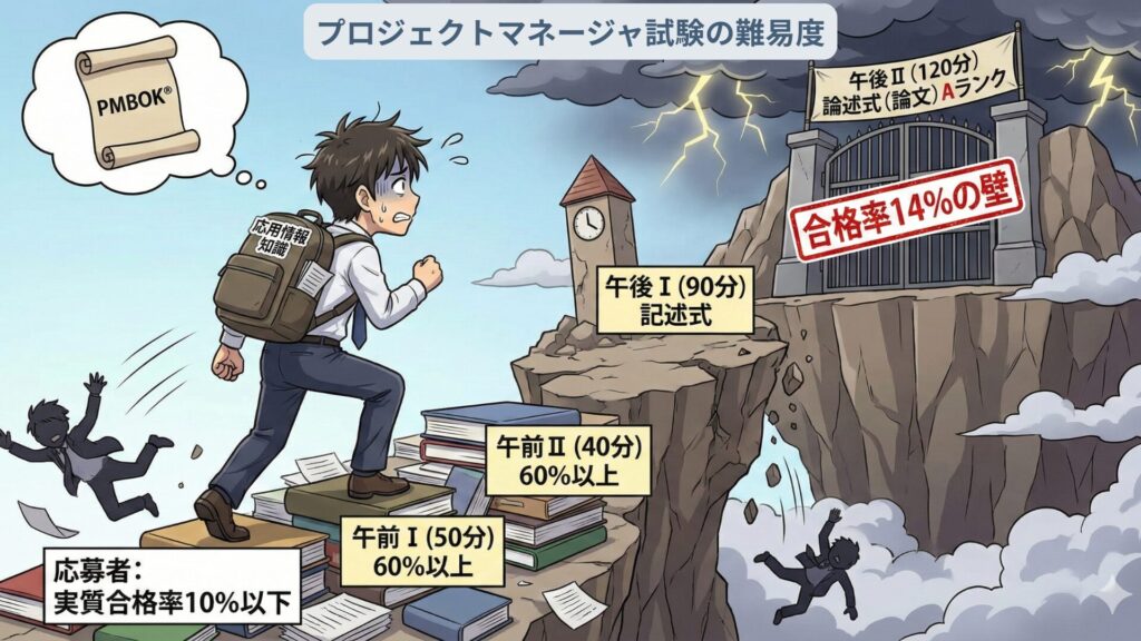 アニメ風イラストで示すプロジェクトマネージャ試験の難易度。合格率14%の壁という巨大な門に向かって、苦戦する受験者キャラクターが描かれている。