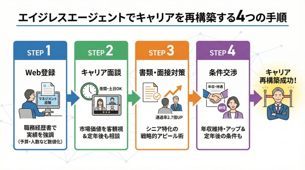 エイジレスエージェント利用の4ステップを図解したインフォグラフィック。Web登録から始まり、キャリア面談、シニア特化の選考対策、条件交渉を経て、納得のキャリア再構築を実現するまでのプロセスを示しています