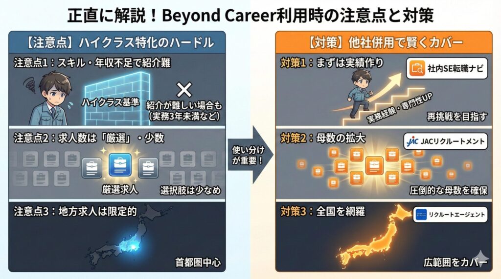 Beyond Career利用時の3つの注意点（スキル基準、求人数、地方限定）と他社併用による対策を解説したイラスト