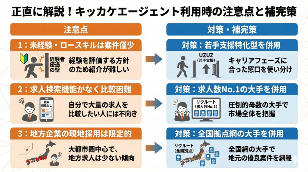 「正直に解説！キッカケエージェント利用時の注意点と補完策」の図解。未経験・ロースキル、求人検索機能なし、地方採用限定的という3つの注意点に対し、若手支援型（UZUZ）や全国大手（リクルート）との併用といった具体的な対策を対比して説明しています。