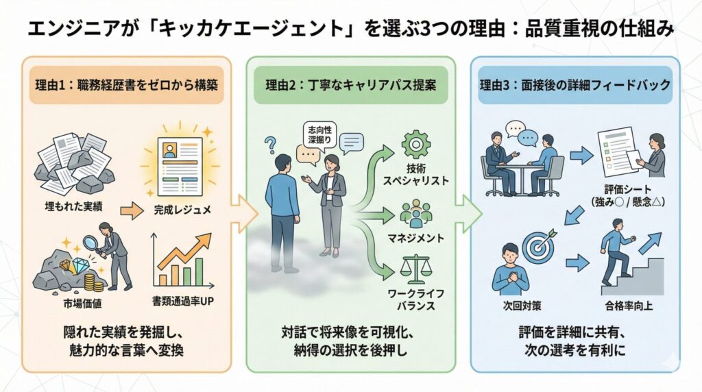 キッカケエージェントを利用するエンジニアのメリットを示すインフォグラフィック。市場価値を高めるレジュメ作成による書類通過率向上、対話による納得のキャリア選択、詳細な面接評価フィードバックによる合格率向上のプロセスが可視化されています。