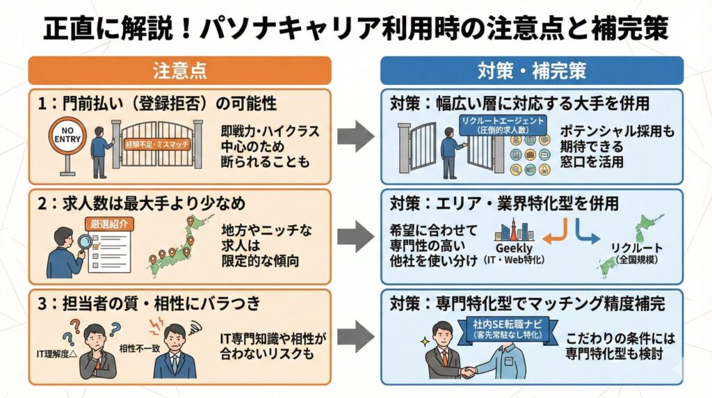 「正直に解説！パソナキャリア利用時の注意点と補完策」の図解。門前払い、求人数の少なさ、担当者の質という3つの課題に対し、リクルートエージェントやGeeklyなどを活用した具体的な対策を対比して示すチャート図