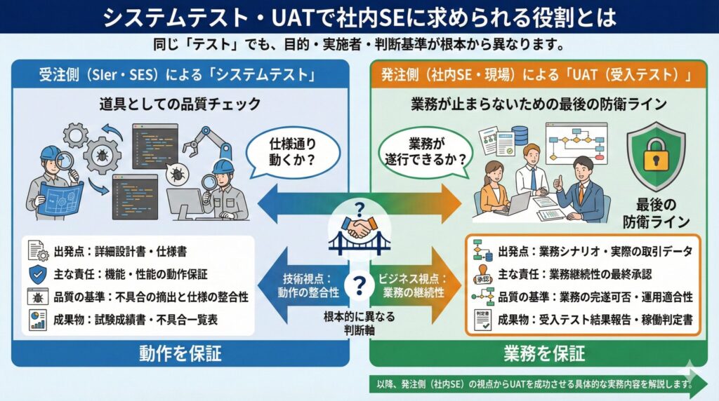 システムテストとUATにおける役割の違いを比較したインフォグラフィック。受注側が行うシステムテストは「道具としての品質チェック」で動作の整合性を保証するのに対し、発注側の社内SEが行うUATは「業務が止まらないための最後の防衛ライン」として業務の継続性を保証する役割であることを図示している