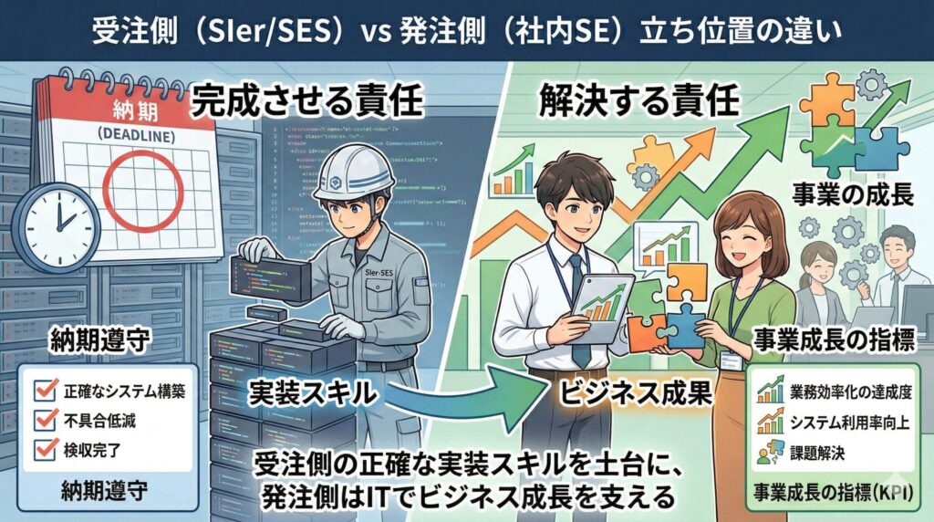 社内SE（発注側）とSIer/SES（受注側）の立ち位置の違いを比較する図解。左側はシステムを完成させる責任と納期遵守（実装スキル）を、右側はビジネス課題を解決する責任と事業成長への貢献（ビジネス成果）を示す。中央に実装スキルからビジネス成果への責任転換を説明。