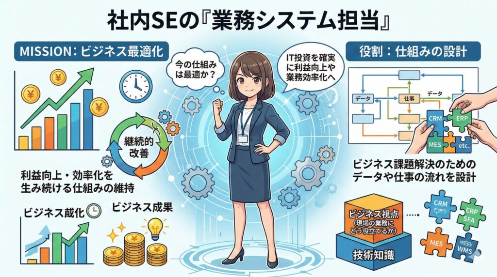 「社内SEの『業務システム担当』」と題されたインフォグラフィック。中央の女性SEを中心に、左側に「ビジネス最適化」ミッション（利益向上、効率化、継続的改善、ビジネス成果）と、右側に「仕組みの設計」役割（データ・仕事の流れの設計、技術知識とビジネス視点の融合）が、CRM、ERP、MESなどの具体例とともに図解で詳しく説明されている。