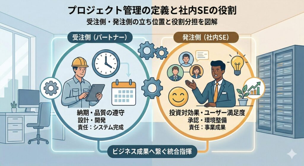 「プロジェクト管理の定義と社内SEの役割」を図解したインフォグラフィック。プロジェクト管理を「投資を成果に変える統合指揮」と定義し、受注側(パートナー)と発注側(社内SE)の立ち位置の違いを対比。受注側は「納期と工数」「システム完成」を重視し、発注側は「投資対効果とユーザー満足度」「事業成果」を最優先に指揮を執ることを示しています。