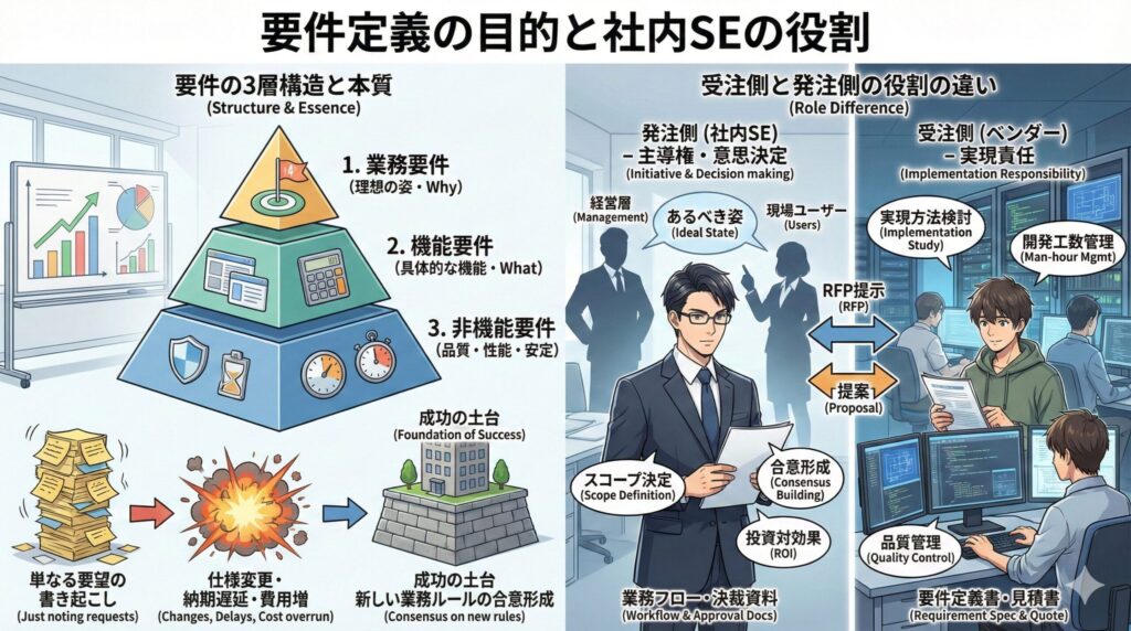 インフォグラフィック「要件定義の目的と社内SEの役割」。左側に業務要件・機能要件・非機能要件のピラミッド構造と、「新しい業務ルールの合意形成」が成功の土台であることを図示。右側に発注側(社内SE)の「意思決定・合意形成」の役割と、受注側(ベンダー)の「実現責任・開発」の役割を人物イラストとフローで対比させている
