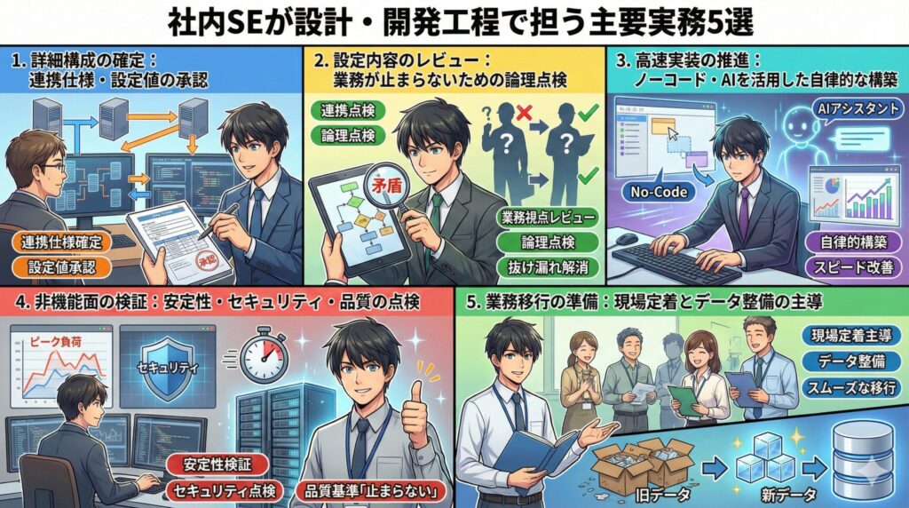 設計・開発フェーズにおける社内SEの主要な役割をまとめた5コマの図解。仕様承認、業務視点でのレビュー、高速実装の推進、品質検証、移行準備といった、ベンダー管理にとどまらない主体的な実務アクションを解説している。