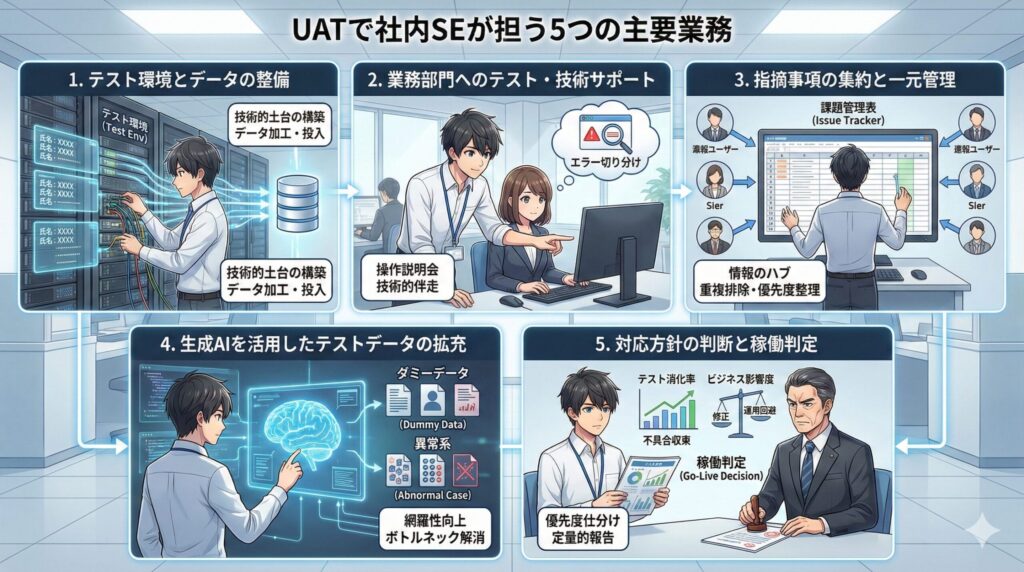 「UATで社内SEが担う5つの主要業務」と題した図解イラスト。テスト環境とデータの整備、業務部門への技術サポート、指摘事項の集約と一元管理、生成AIを活用したデータ拡充、対応方針の判断と稼働判定という、受入テストにおける一連のプロセスを描いている。