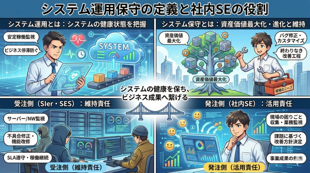 システム運用保守における、受注側（SIer/SES）の「維持責任」と発注側（社内SE）の「活用責任」という役割分担と、それぞれの業務定義を比較・解説するインフォグラフィック。